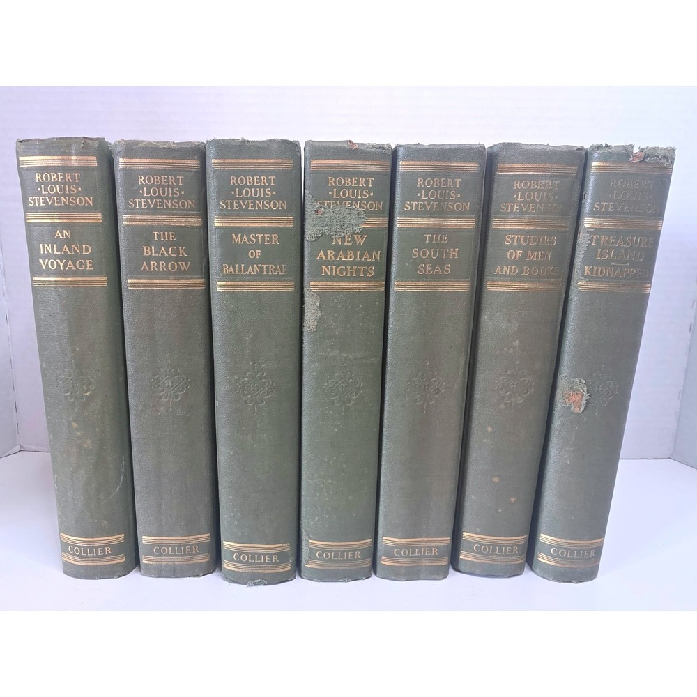 7pc Robert Louis Stevenson Antique Book Set Collier Green Hardcover Vintage